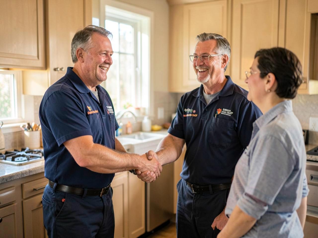 Summit Drain & Plumbing Co. technicians with a homeowner after a repair
